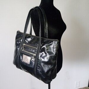 COACH Poppy Daisy 13836 Black Crinkle Patent Leather Pocket Tote Bag